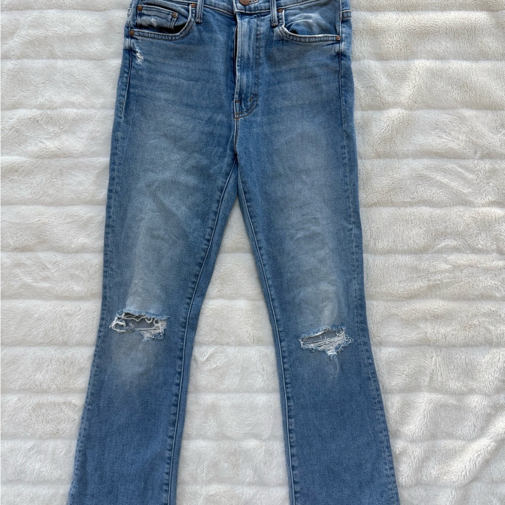 MOTHER Blue Distressed Straight Leg Jeans